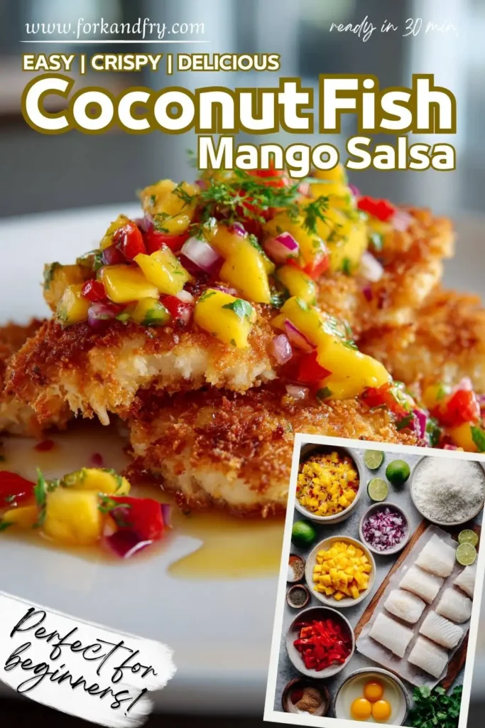 Tropical crunch meets juicy mango magic Coconut panko fish served with mango salsa and cauliflower rice