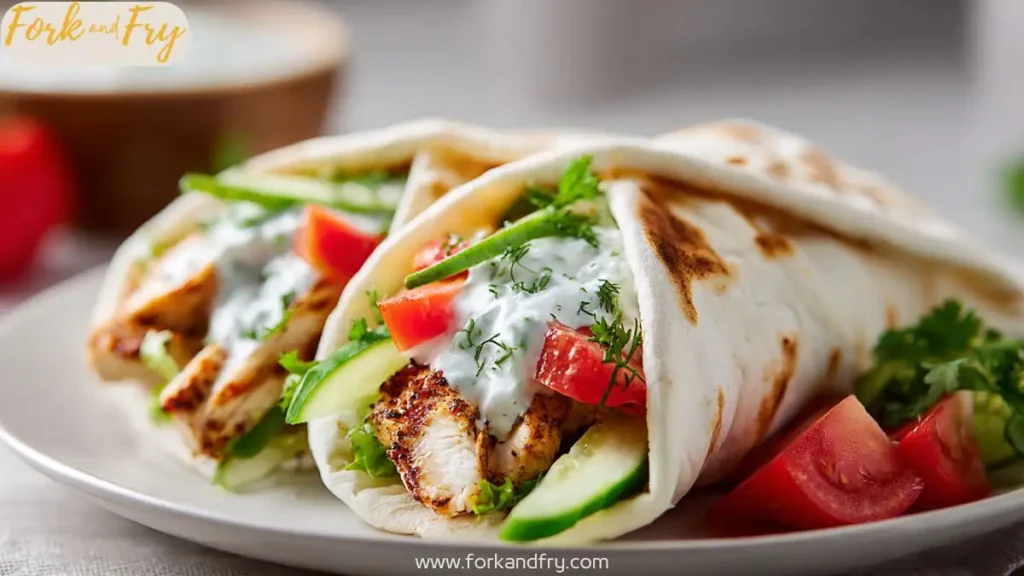 Juicy Greek chicken wrap with tzatziki on a white plate