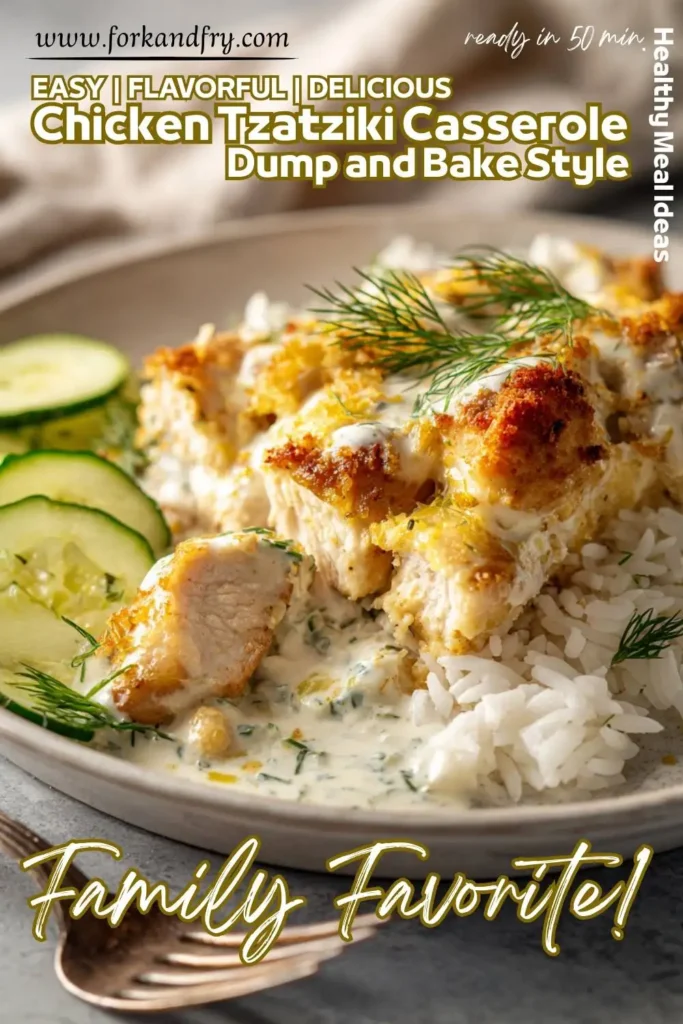 creamy baked tzatziki chicken and rice casserole. Close-up of a serving of creamy baked tzatziki chicken and rice casserole.