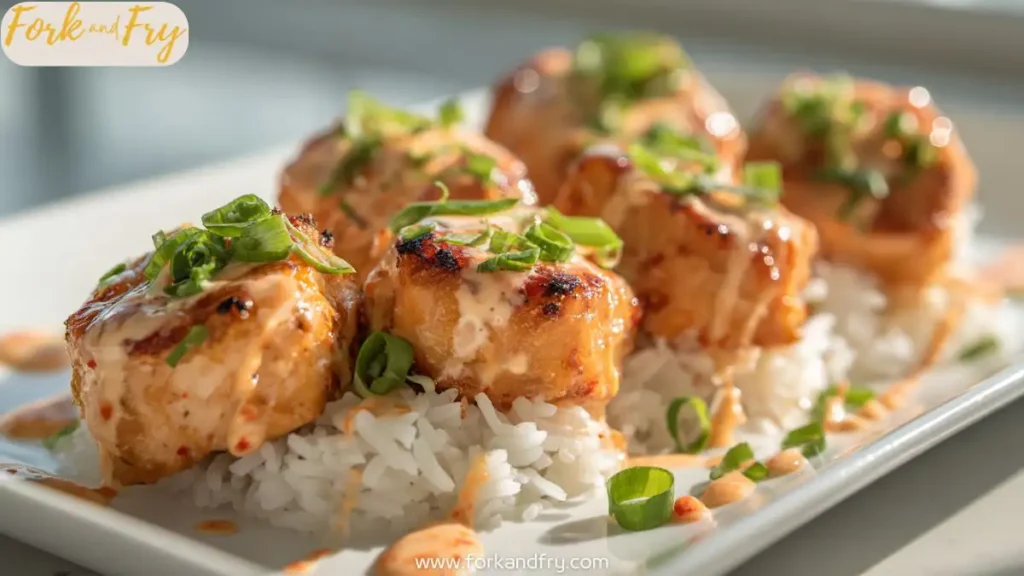 Crispy bang bang salmon bites on a white plate with rice and sauce