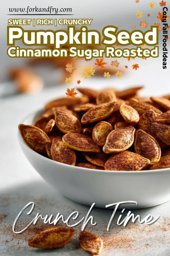 Baked Pumpkin Seeds with Cinnamon & Sugar Cinnamon-coated baked pumpkin seeds on a tray