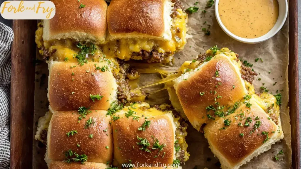 Close-up of cheesy beef and egg sliders on Hawaiian rolls brushed with cowboy butter.