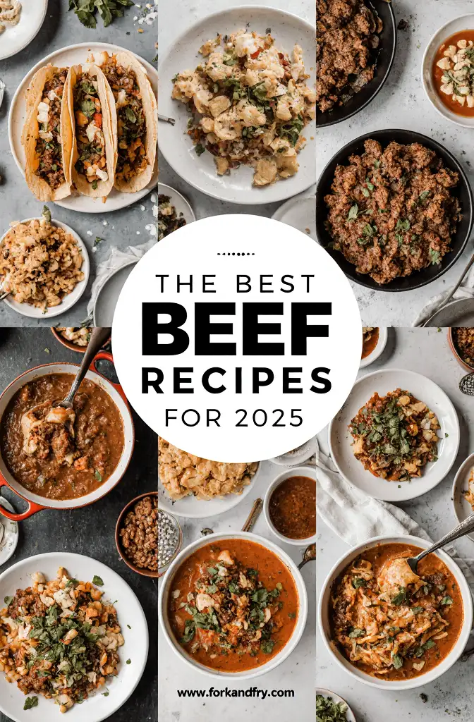 Best Beef Recipe Ideas for Dinner 2025 Collage of tacos, chili, enchiladas, pasta bakes, and empanadas with white borders