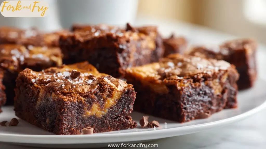 Close-up of fudgy brownies swirled with golden caramel on white plate.