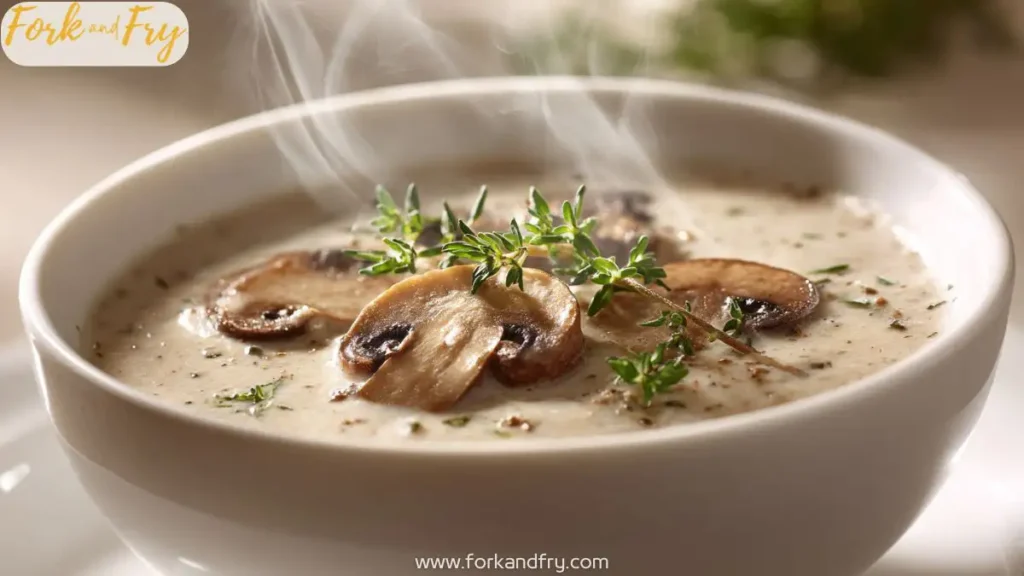 A bowl of creamy mushroom soup topped with fresh thyme, served hot with steam rising in soft natural light.