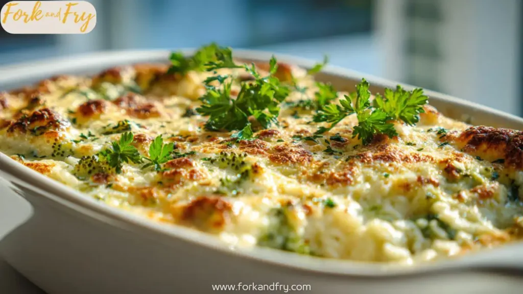 Creamy casserole with chicken, broccoli, and rice topped with cheese and cracker crust.