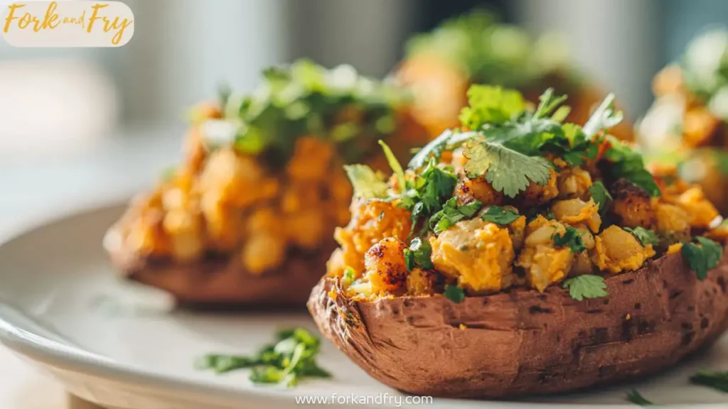 Sweet potato stuffed with chickpeas and avocado crema on a white plate