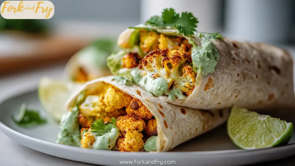 Warm tortillas stuffed with roasted cauliflower, chili-lime chickpeas, and avocado crema