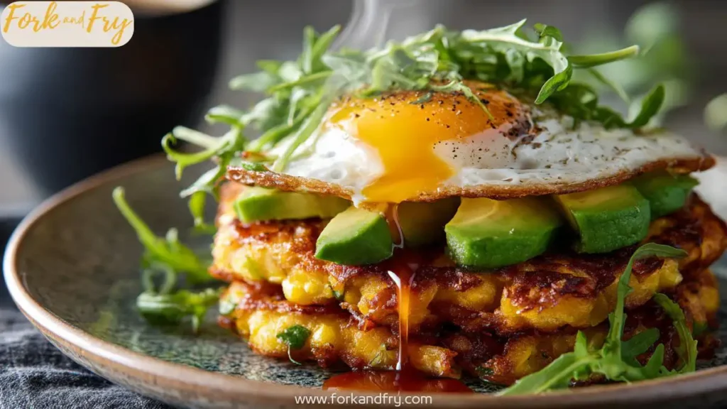 A breakfast sandwich with corn fritters, avocado slices, and a runny egg stacked beautifully.