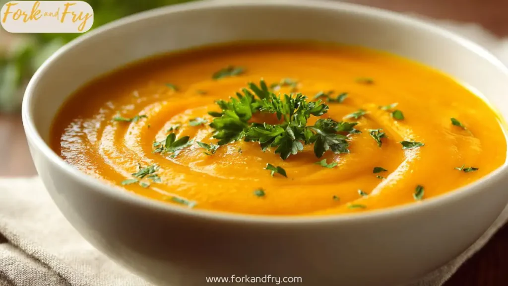 A bowl of creamy vegan carrot and potato soup garnished with herbs.