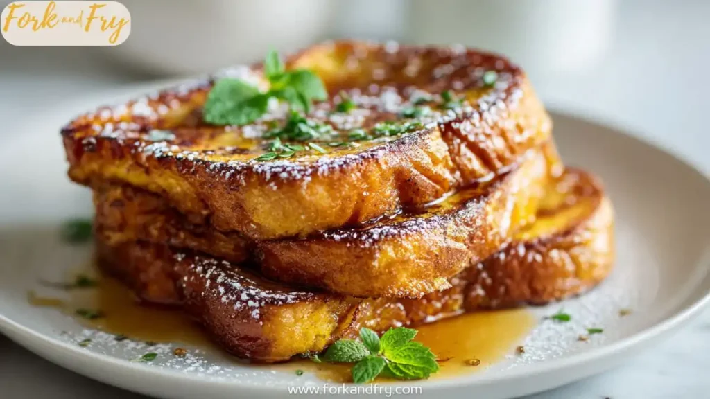 Pumpkin spice French toast with syrup and nuts on a white plate