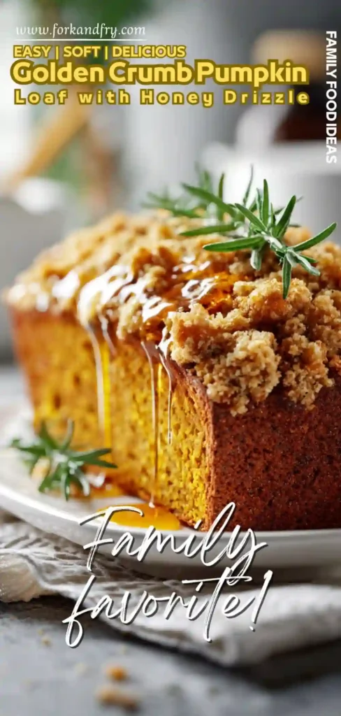 Cozy Pumpkin Loaf with Crumb Topping Warm pumpkin bread with golden streusel topping and honey glaze