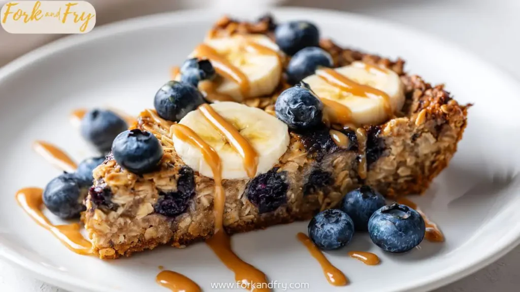 Sliced baked oatmeal with blueberries in a white dish