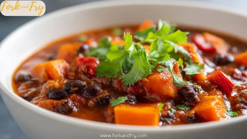 Hearty sweet potato and black bean chili served warm in a bowl, topped with green onion, cilantro, and Greek yogurt.