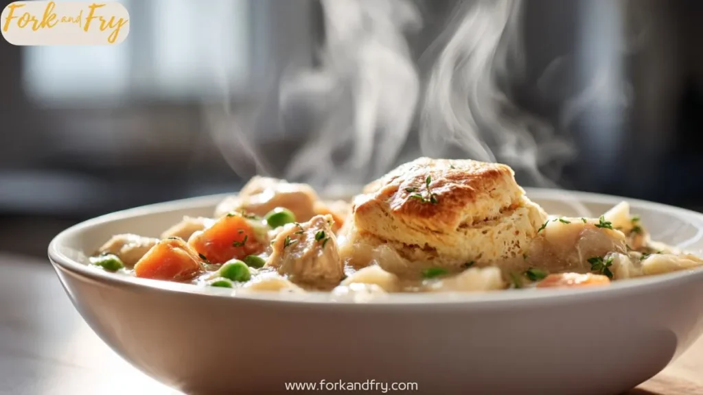 Creamy chicken pot pie with veggies and biscuit served hot in a white bowl