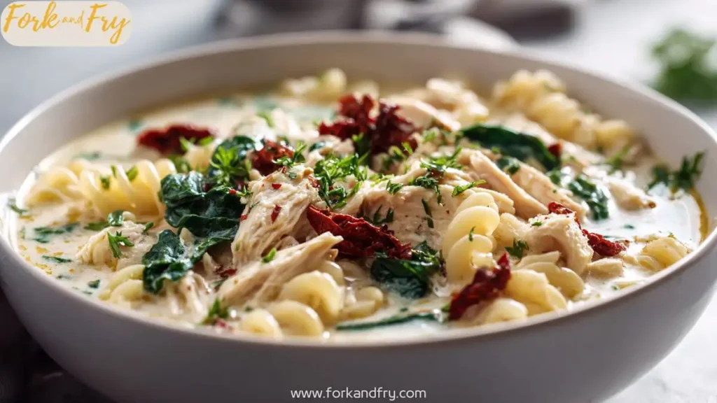 Creamy chicken soup with spinach, pasta, and sun-dried tomatoes in white bowl
