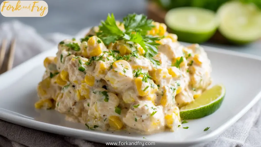 Creamy crockpot chicken with corn and cheese, garnished with cilantro.
