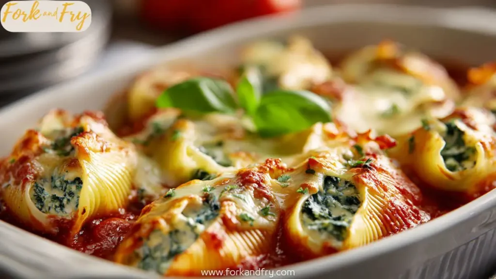 Baked spinach and ricotta stuffed shells with golden melted mozzarella