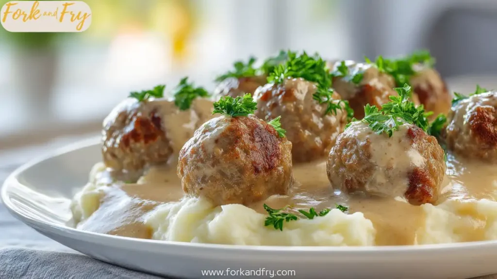 Juicy Swedish meatballs covered in creamy gravy on a plate