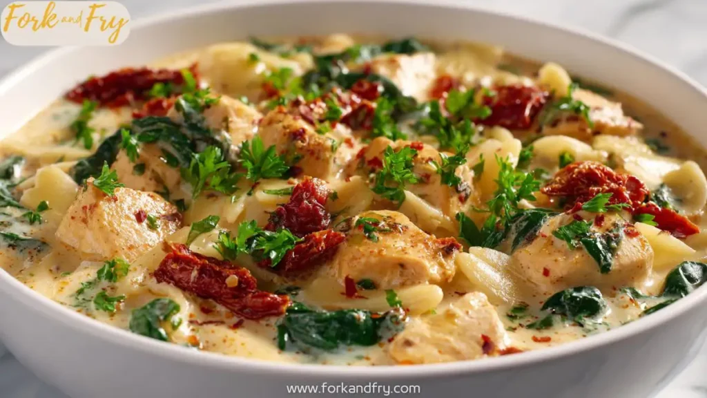 Creamy Tuscan chicken soup with pasta, spinach, and sun-dried tomatoes in a cozy fall setting