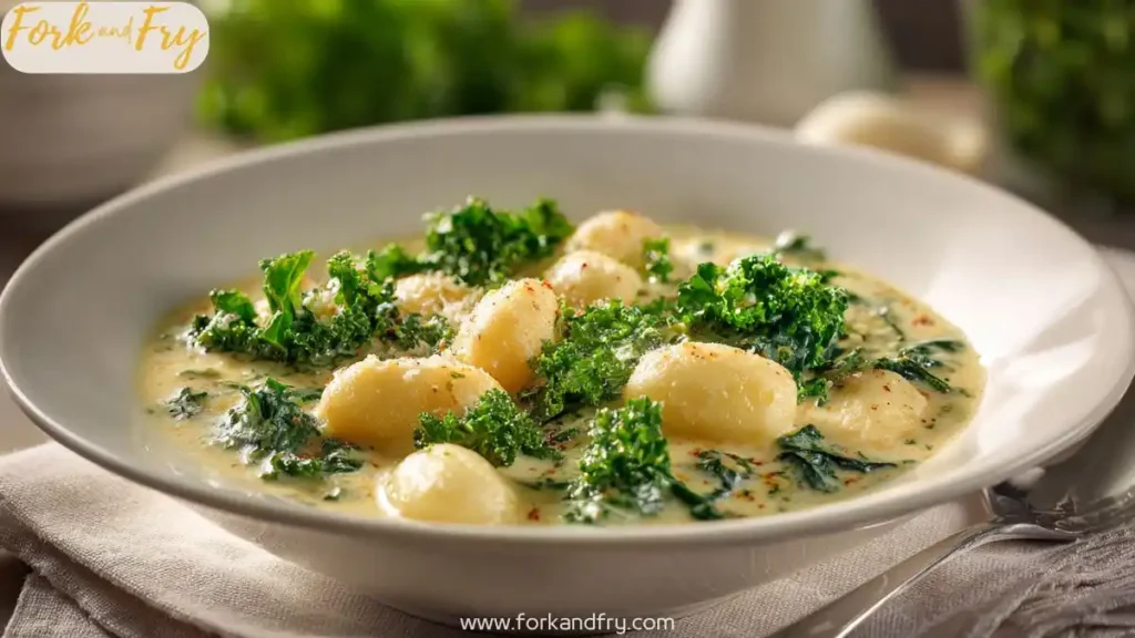 Creamy Tuscan vegetable soup with kale, sweet potato, and gnocchi