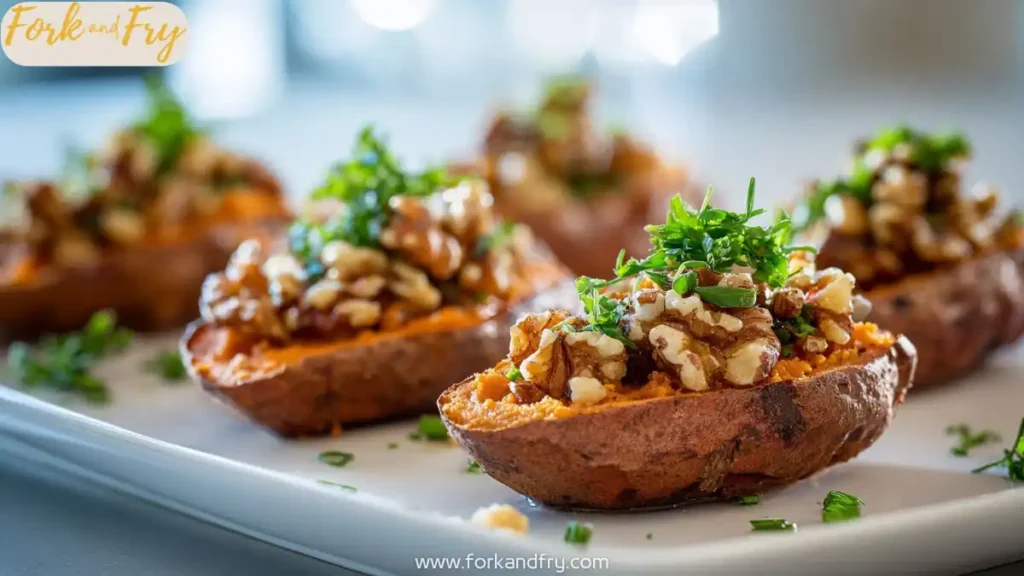 Twice-baked sweet potatoes filled with maple mash and walnuts, served warm for the perfect cozy side dish.
