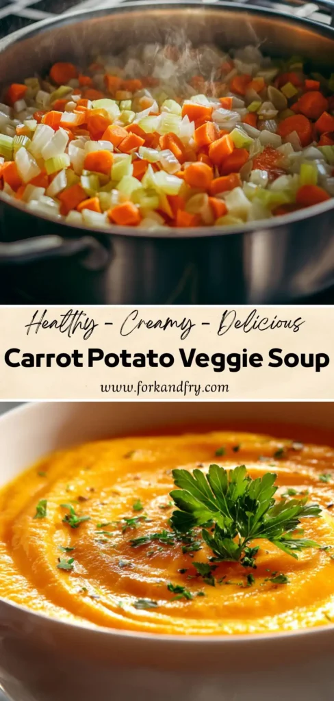 Creamy Vegetable Potato Soup Recipe Close-up of dairy-free carrot potato soup in a white bowl.