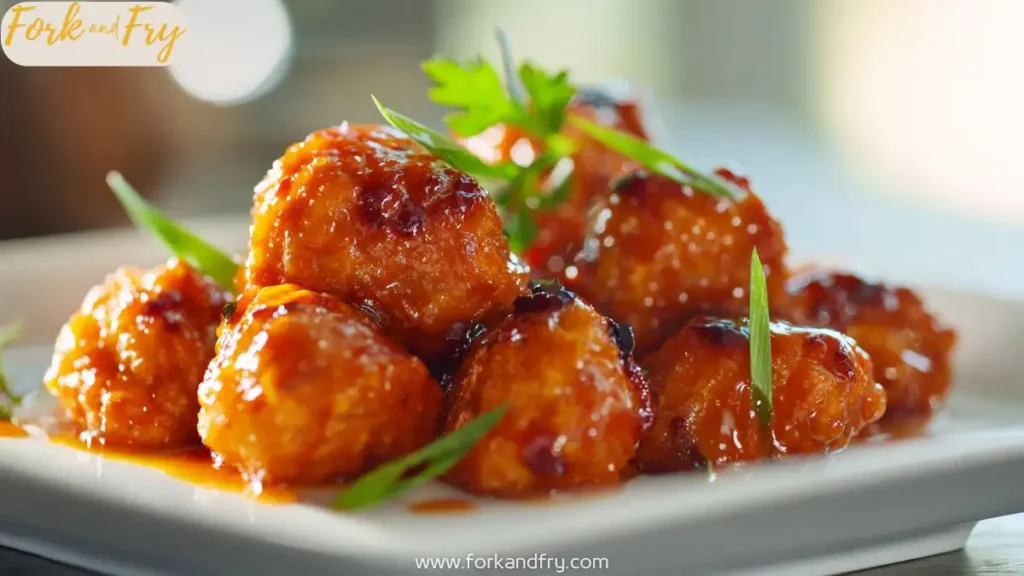 Crispy orange chicken tossed in sticky BBQ marmalade sauce, served on a white plate.