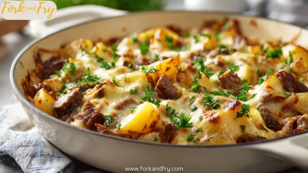 Easy Beef & Potato Casserole Skillet A skillet filled with cheesy ground beef and tender potatoes, topped with melted cheddar and fresh parsley