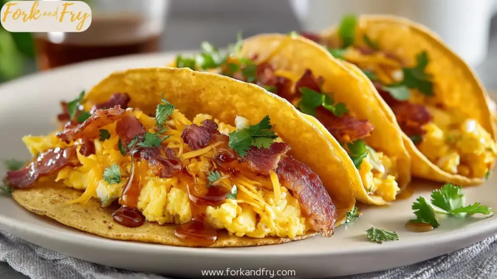 Fluffy oat flour pancake tacos filled with eggs and turkey bacon
