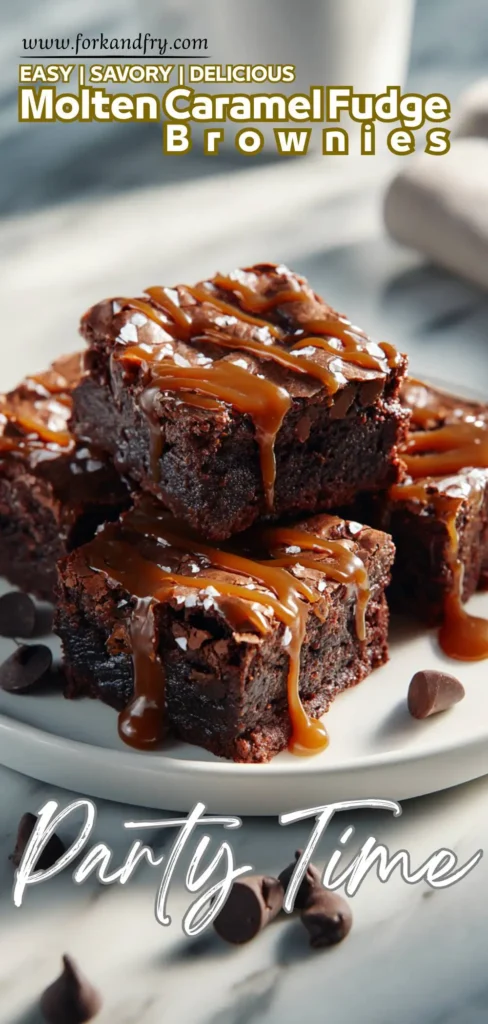 Easy Caramel Brownies with Gooey Center Fudgy brownies cut into squares with gooey caramel inside