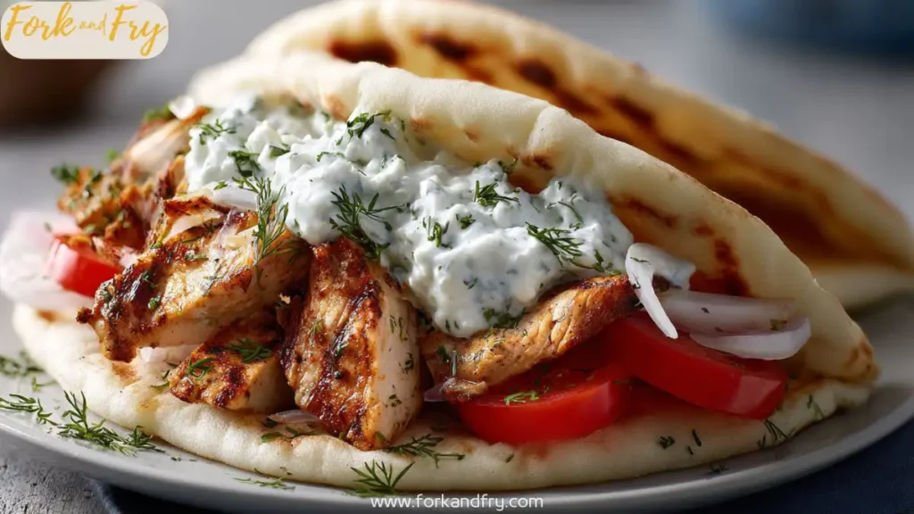 Greek chicken gyro wrap with sliced tomato and creamy tzatziki on soft pita