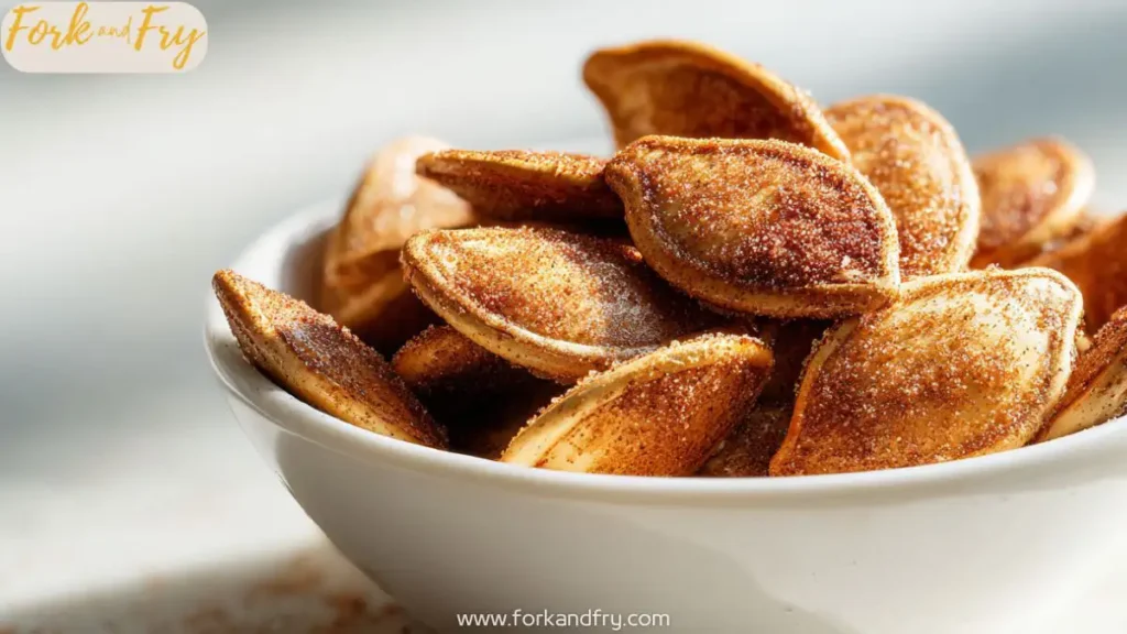 Sweet roasted pumpkin seeds with cinnamon sugar, served warm
