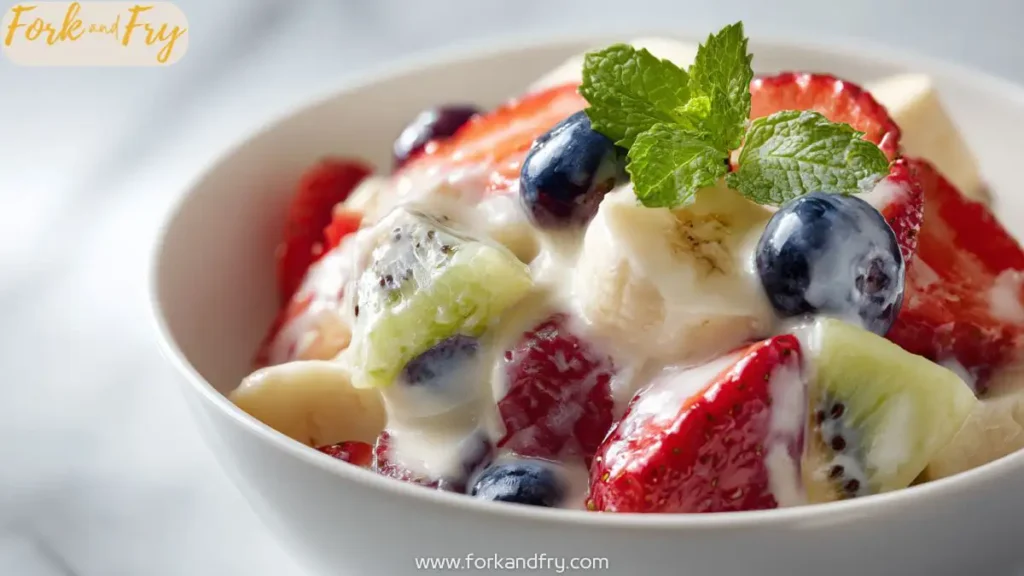 A colorful fruit salad with bananas, berries, and kiwi tossed in a creamy sweetened condensed milk dressing