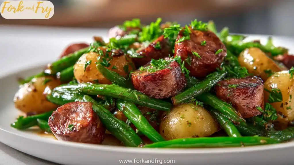 Slow cooker sausage and green beans served with baby potatoes on a white plate