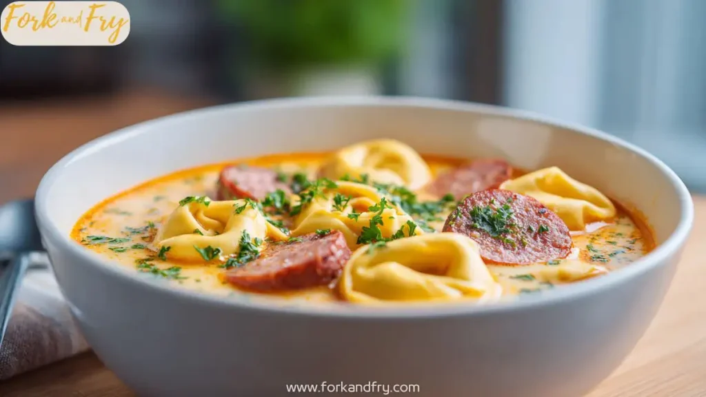 Creamy beef sausage tortellini soup in a white bowl with spinach and tomatoes