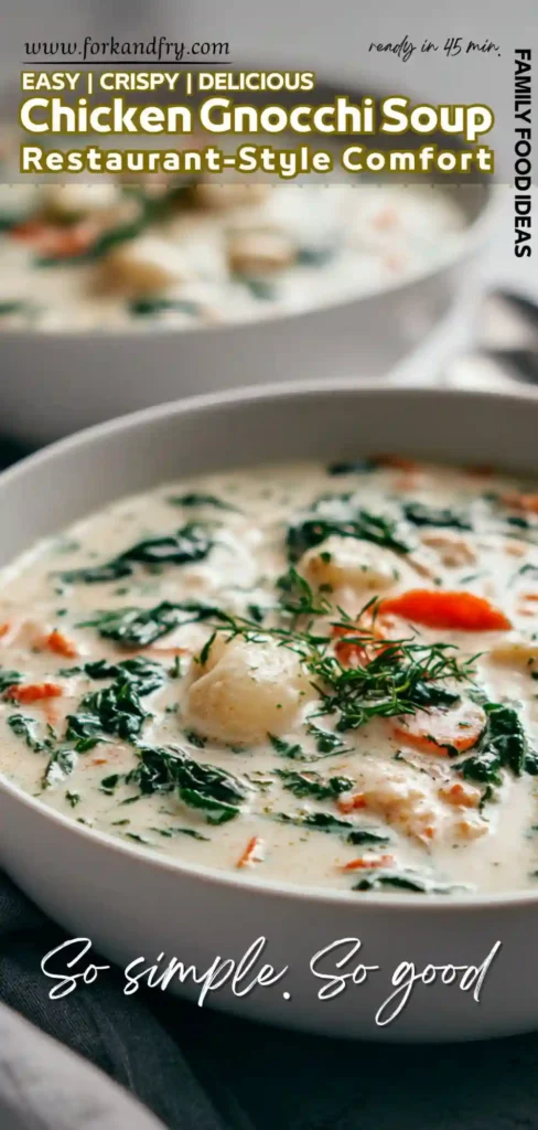 Bowl of hearty chicken gnocchi soup with rich broth