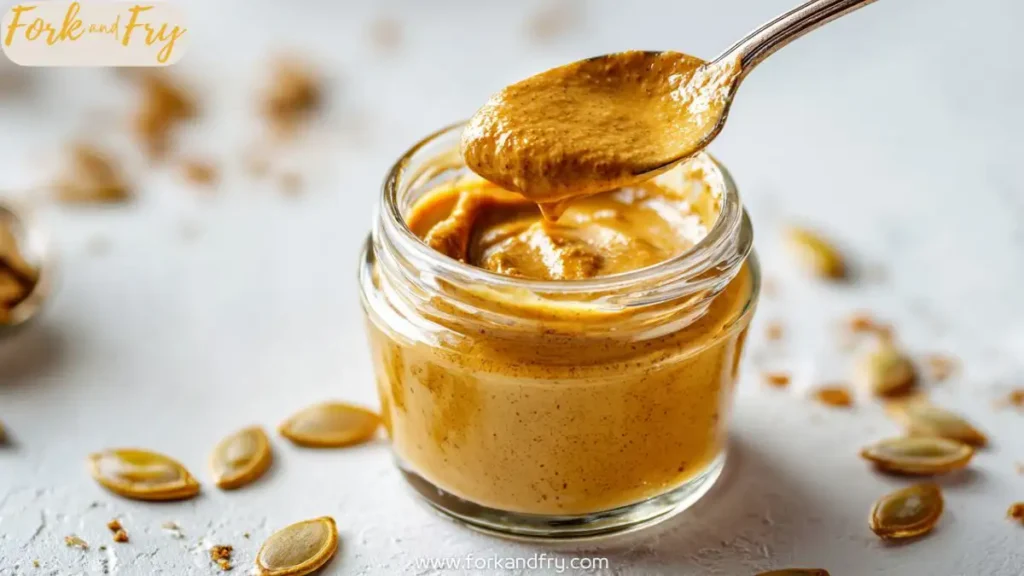 Creamy homemade pumpkin seed butter in a glass jar with spoon