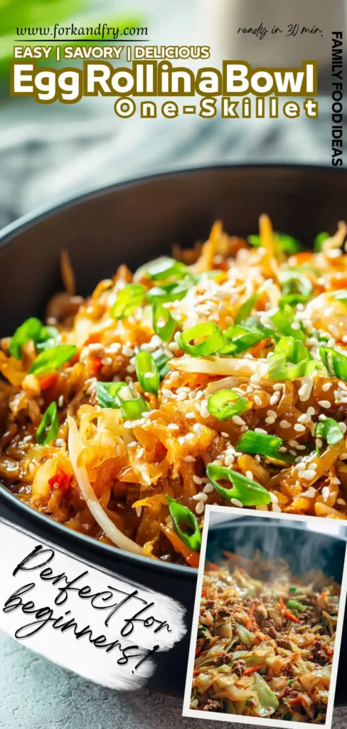 One-skillet egg roll filling with sizzling cabbage and turkey in a glossy sauce, freshly cooked and steaming hot.
