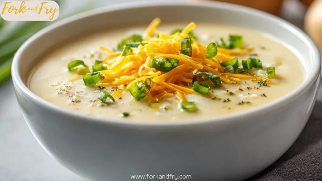 Close-up of creamy loaded potato soup topped with cheddar, scallions, and turkey bacon, served in a white bowl.