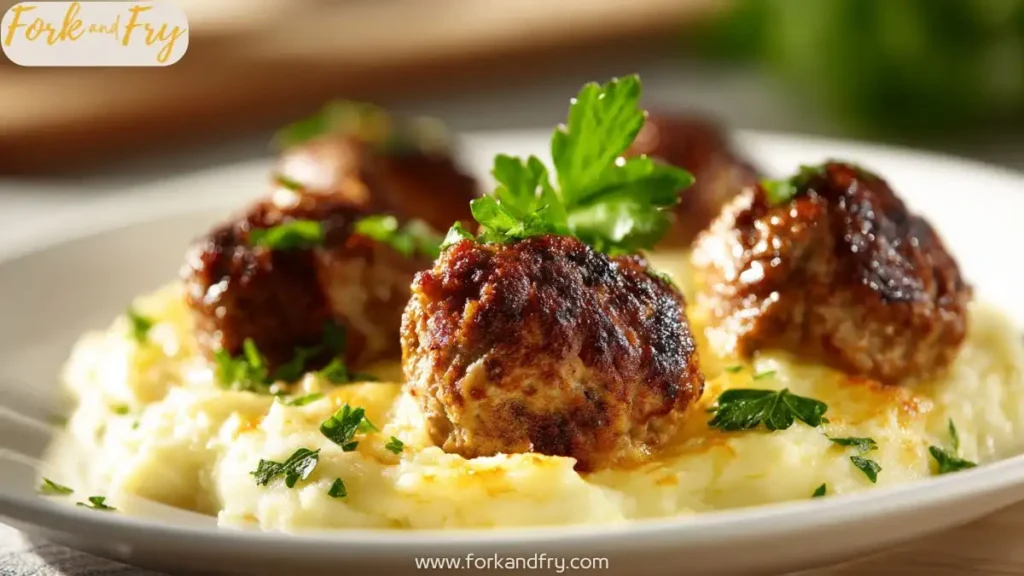 Baked casserole with meatballs, mashed potatoes, and cheese in a white dish