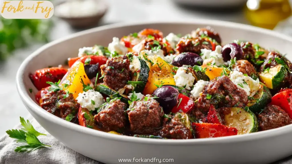 Easy Mediterranean Ground Beef Skillet Mediterranean skillet with ground beef, fresh veggies, olives, and feta in a white bowl.