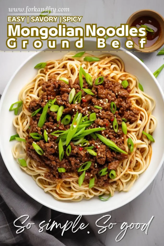 Asian-style noodles with ground chicken and soy glaze in a white bowl