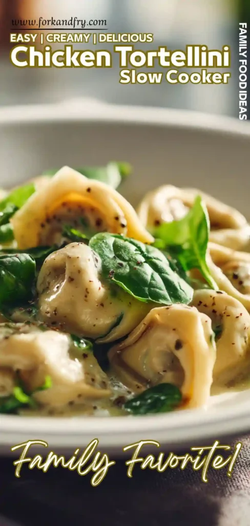 Easy Slow Cooker Tortellini Cheesy tortellini with shredded chicken
