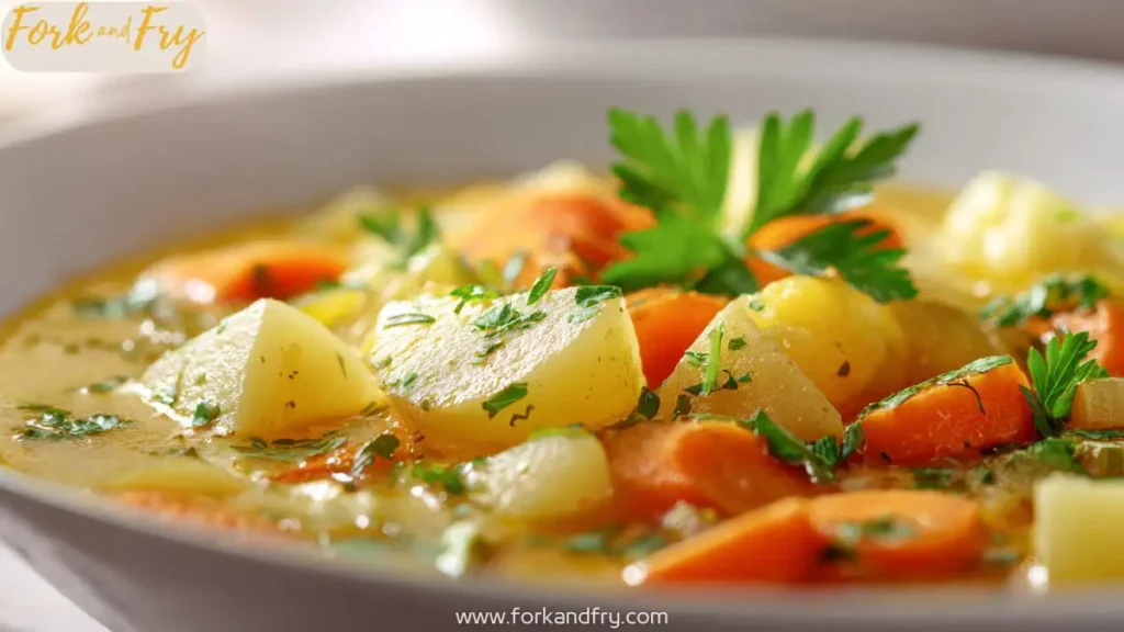 Bowl of creamy vegan carrot potato soup with herbs and croutons