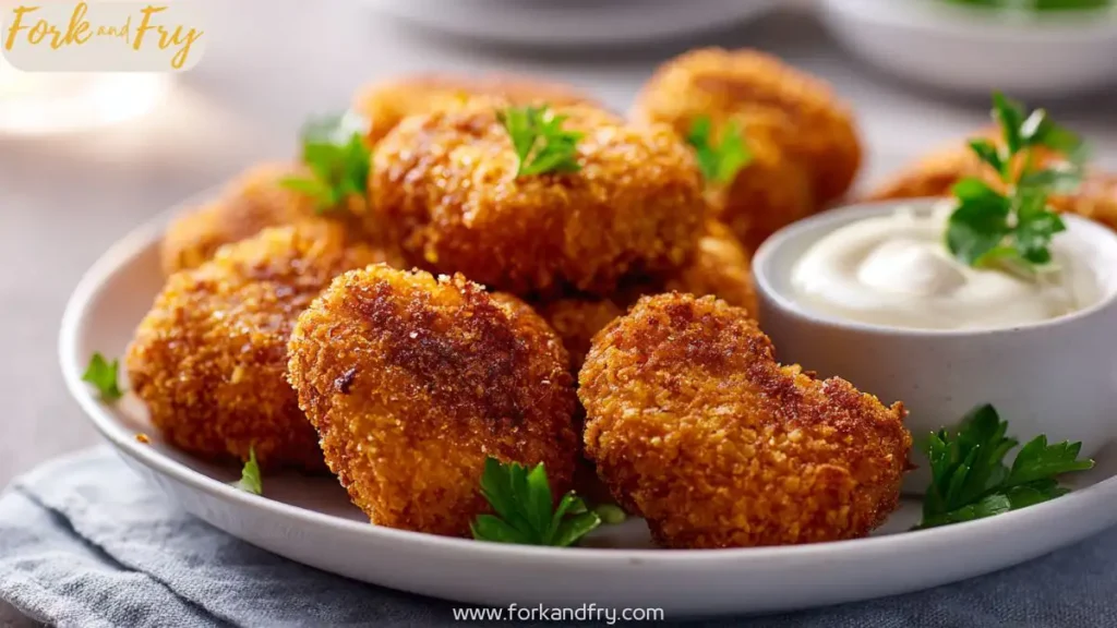 Golden brown vegan chickpea nuggets on a white plate with dipping sauce.