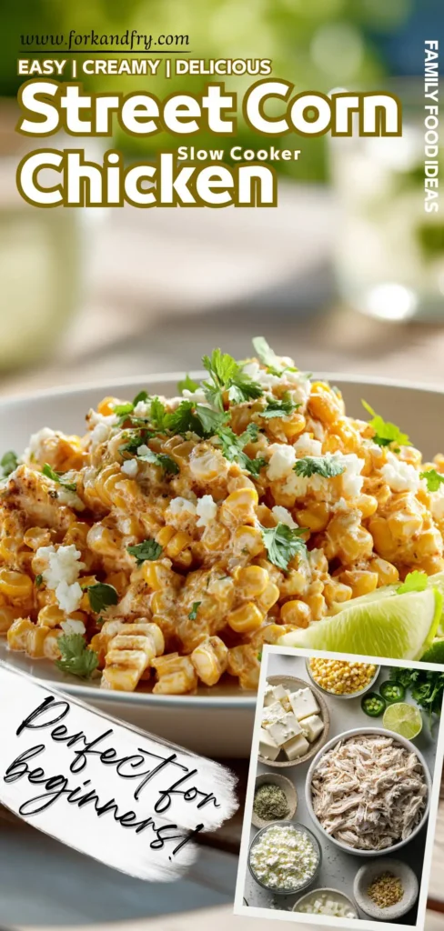 Elote-Inspired Slow Cooker Chicken Dinner Street corn-inspired chicken in slow cooker, plated with lime wedge.