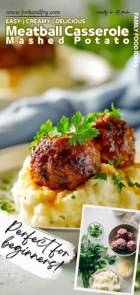 Fall Comfort Food Cheesy Meatball Casserole Golden-baked mashed potato topping over juicy beef meatballs and brown gravy