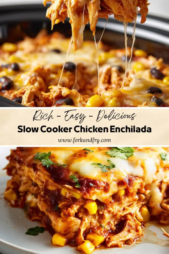 Close-up of slow-cooked chicken enchilada casserole topped with golden melted cheese, beans, corn, and green chiles in a warm crockpot.