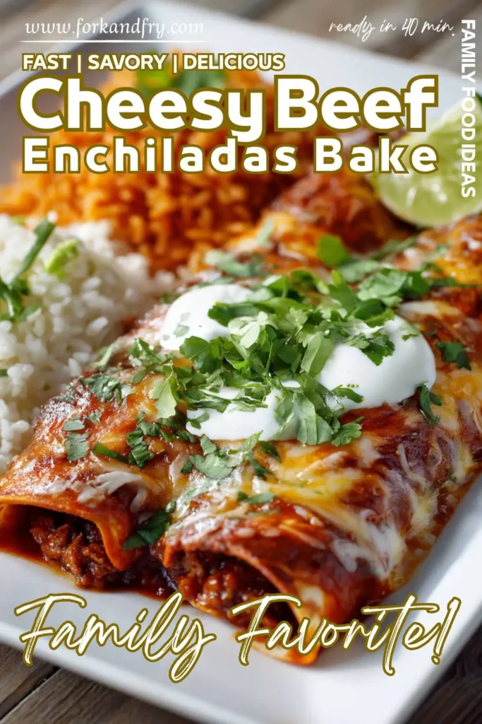 Golden brown beef enchiladas fresh from the oven with sour cream and jalapeño garnish.